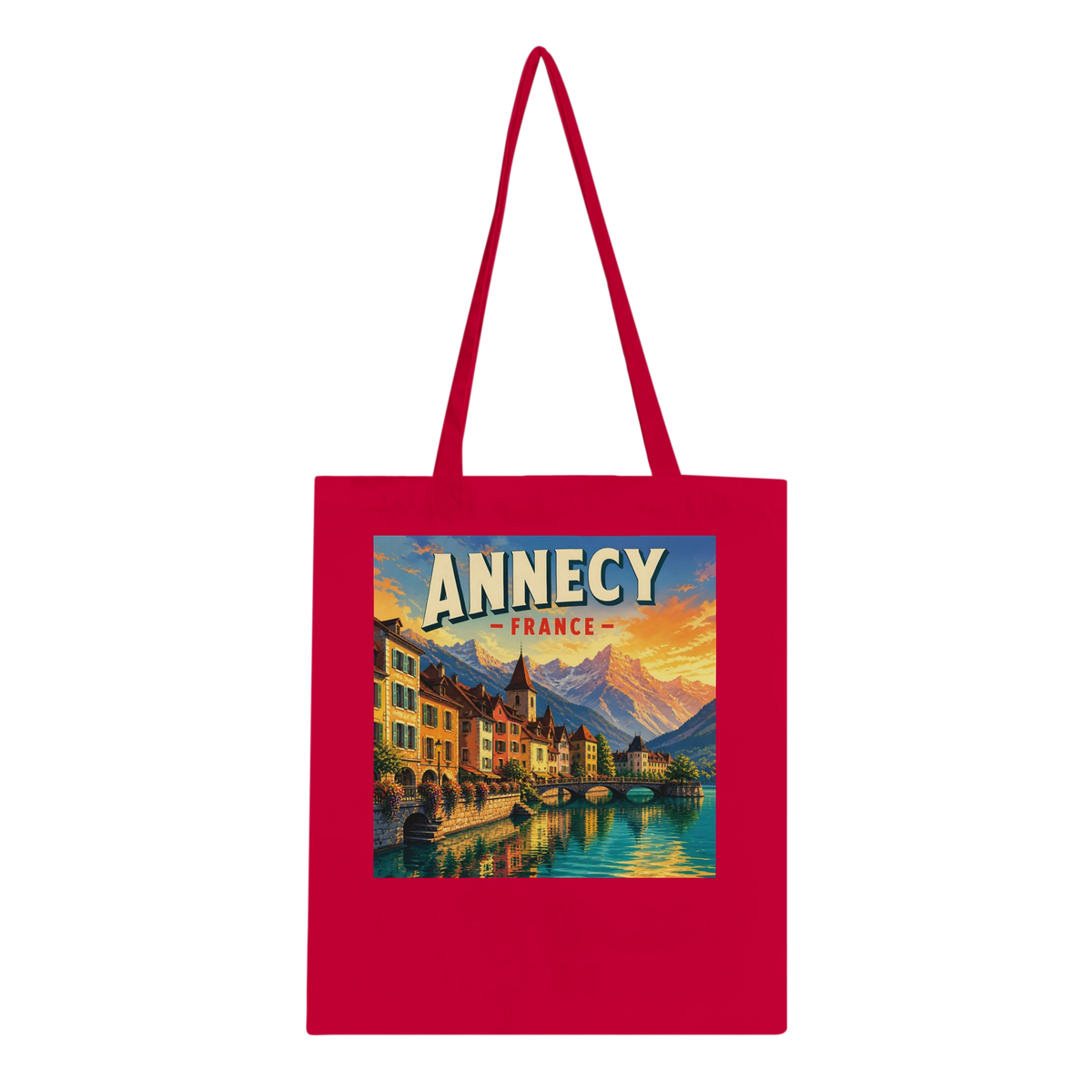 Annecy France Alpine Sunset cotton tote bag in red, featuring destination artwork and lettering.