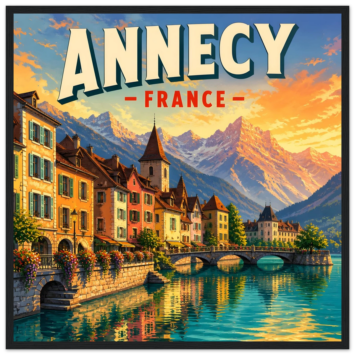 Annecy France Alpine Sunset black wooden framed poster in 50x50 cm / 20x20″, featuring destination artwork and lettering.