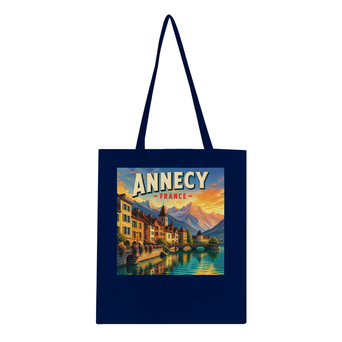 Annecy France Alpine Sunset cotton tote bag in navy, featuring destination artwork and lettering.