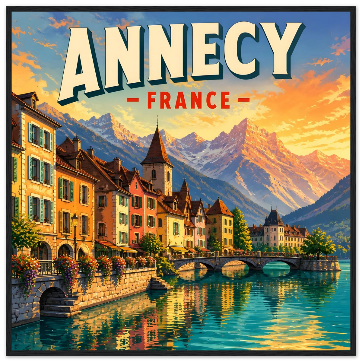 Annecy France Alpine Sunset black wooden framed poster in 70x70 cm / 28x28″, featuring destination artwork and lettering.