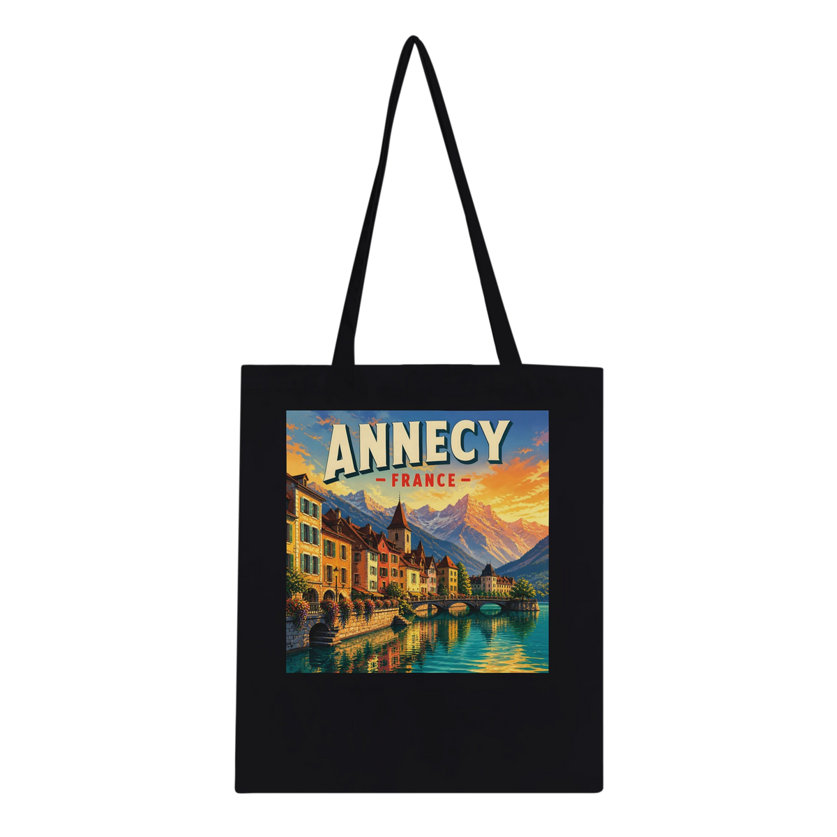 Annecy France Alpine Sunset cotton tote bag in black, featuring destination artwork and lettering.