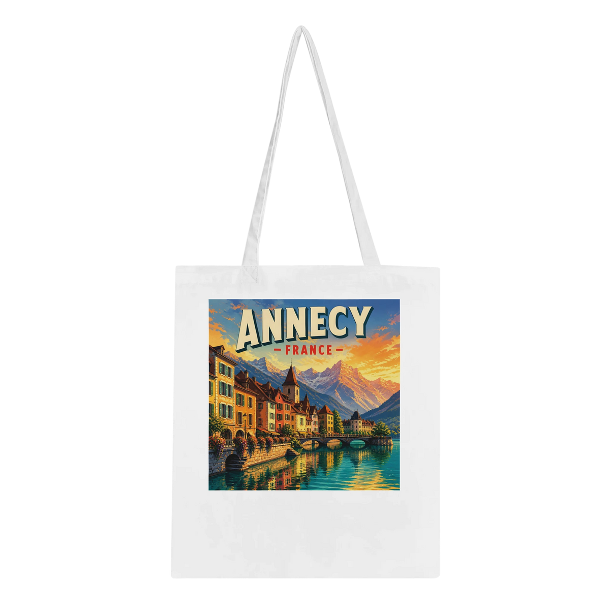 Annecy France Alpine Sunset cotton tote bag in white, featuring destination artwork and lettering.