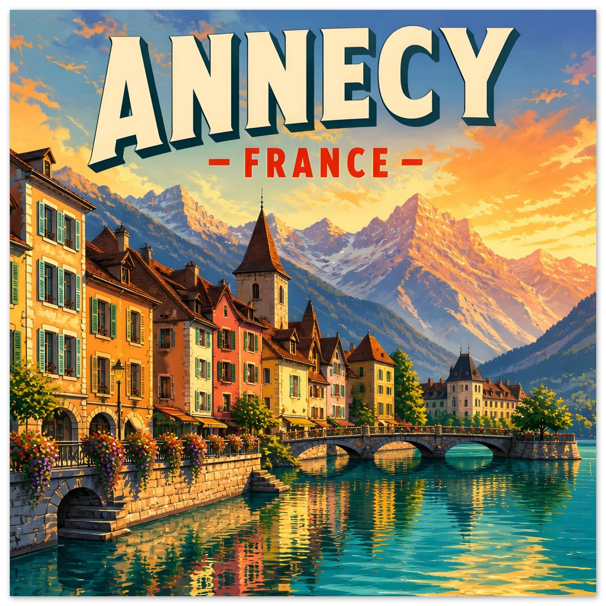 Annecy France vintage travel artwork featuring a picturesque canal, traditional architecture and mountain scenery.