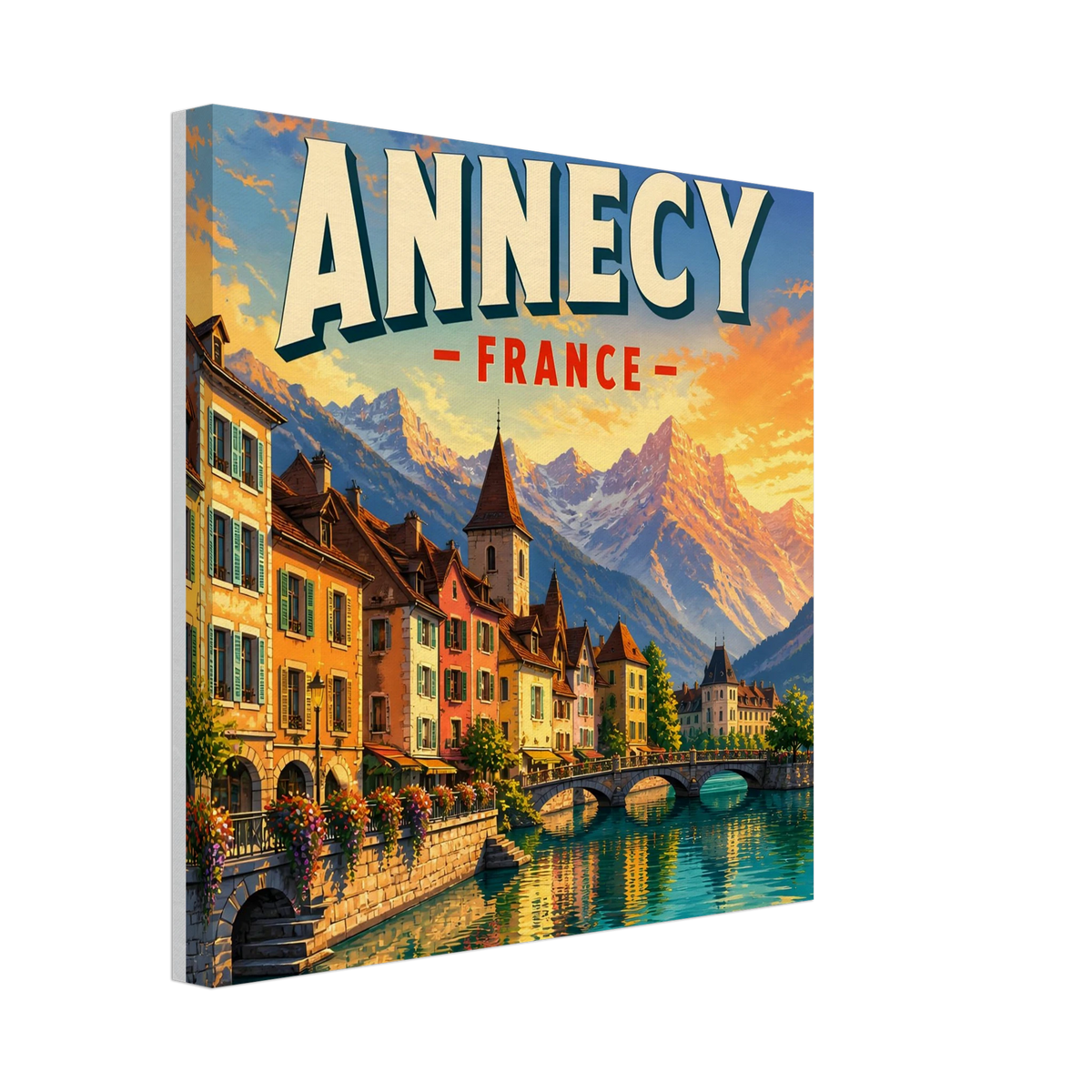 Annecy France Alpine Sunset canvas print in 30x30 cm / 12x12″, featuring destination artwork and lettering.