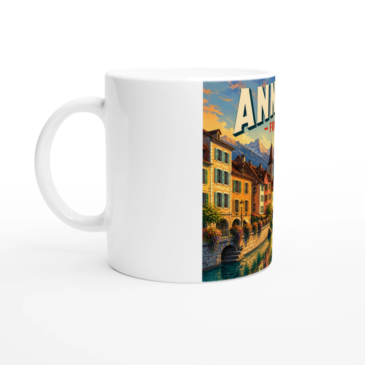 Annecy France Alpine Sunset white 11oz ceramic mug, featuring destination artwork and lettering.