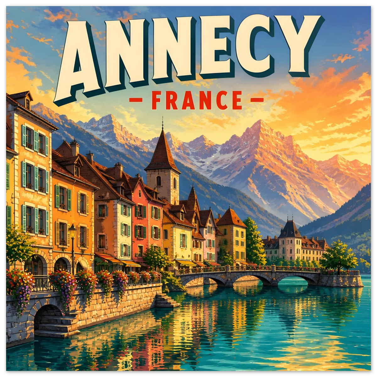 Retro Annecy travel poster with colourful waterfront buildings and dramatic Alpine sunset.