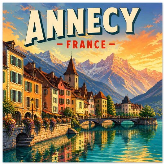 Vintage Annecy France travel poster showing colourful lakeside buildings, Alpine mountains and a golden sunset.