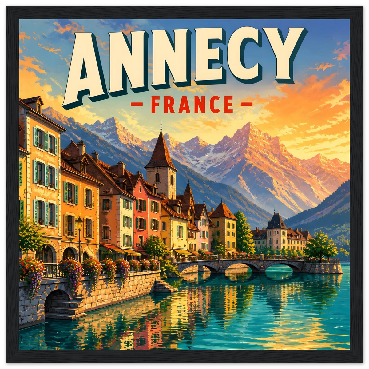Annecy France Alpine Sunset black wooden framed poster in 30x30 cm / 12x12″, featuring destination artwork and lettering.