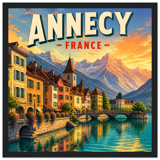 Annecy France Alpine Sunset black wooden framed poster in 30x30 cm / 12x12″, featuring destination artwork and lettering.