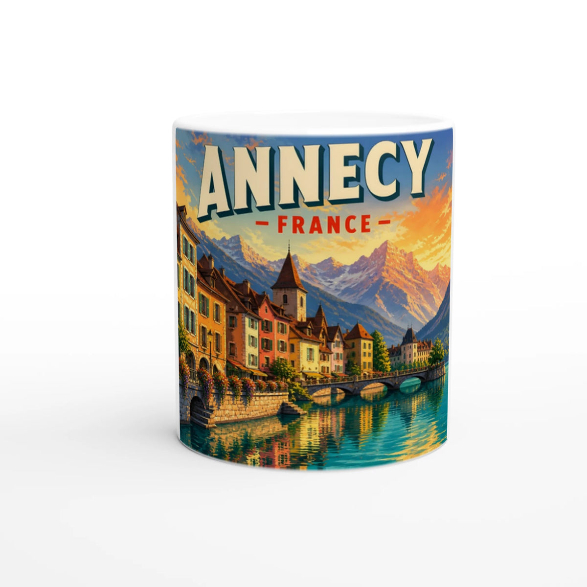 Alternate view of the Annecy France Alpine Sunset white 11oz ceramic mug with destination lettering.