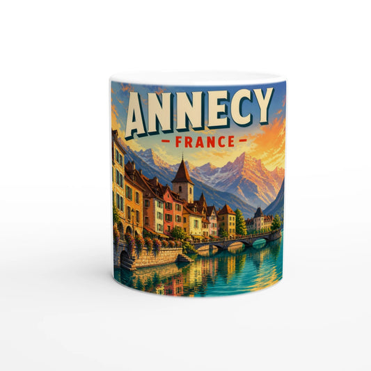 Alternate view of the Annecy France Alpine Sunset white 11oz ceramic mug with destination lettering.