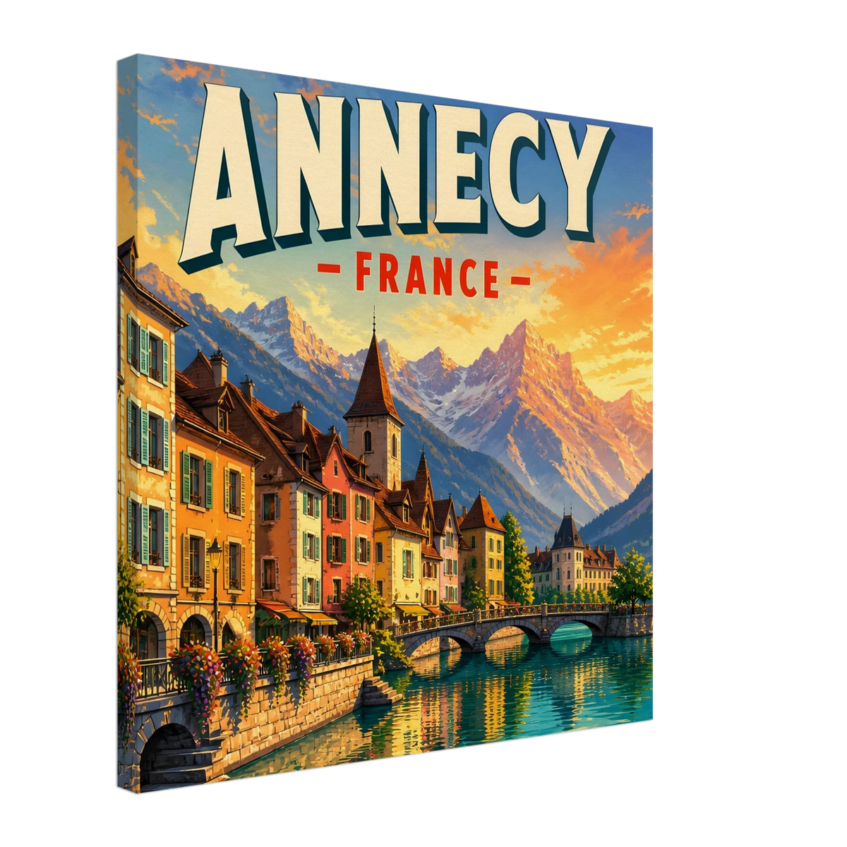 Annecy France Alpine Sunset canvas print in 50x50 cm / 20x20″, featuring destination artwork and lettering.