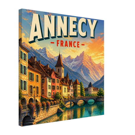 Annecy France Alpine Sunset canvas print in 50x50 cm / 20x20″, featuring destination artwork and lettering.