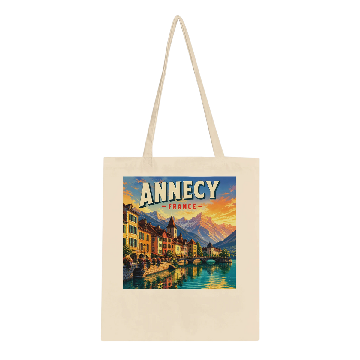 Annecy France Alpine Sunset cotton tote bag in natural, featuring destination artwork and lettering.